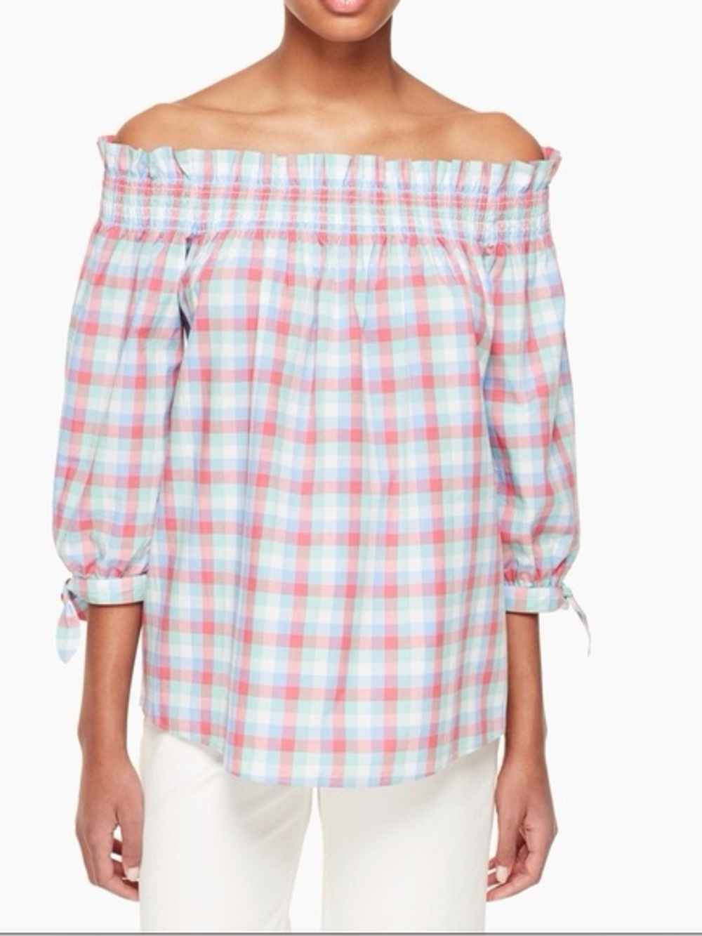 Kate Spade Madras Plaid Off Shoulder Top Blouse 100% Cotton Size Small